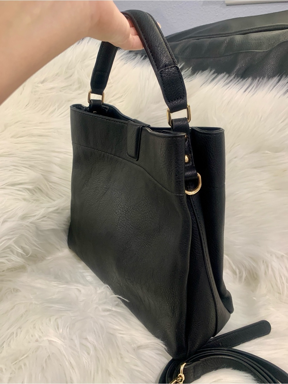 Jen & Co Structured Black Leather Crossbody with Gold Hardware - Women Bags